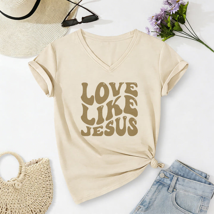 Christianartworkshop "Love Like Jesus" Retro Bubble Letter Casual V-neck T-shirt - Beige - 2XL - image 4