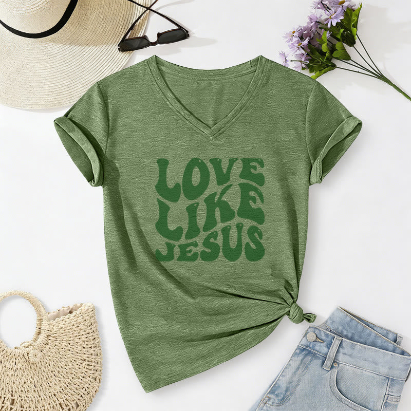 Christianartworkshop "Love Like Jesus" Retro Bubble Letter Casual V-neck T-shirt - Olive Green - 2XL - image 18