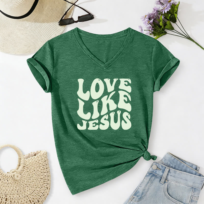 Christianartworkshop "Love Like Jesus" Retro Bubble Letter Casual V-neck T-shirt - Dark Green - 2XL - image 24
