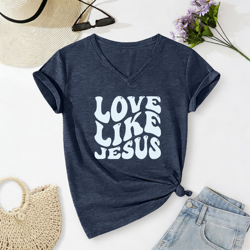 Christianartworkshop "Love Like Jesus" Retro Bubble Letter Casual V-neck T-shirt - Navy Blue - 2XL - image 2