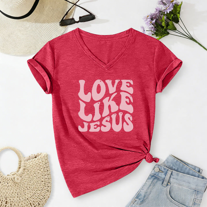 Christianartworkshop "Love Like Jesus" Retro Bubble Letter Casual V-neck T-shirt - Red - 2XL - image 6