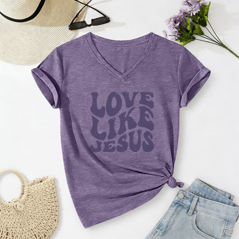 Christianartworkshop "Love Like Jesus" Retro Bubble Letter Casual V-neck T-shirt - Purple - 2XL - image 8