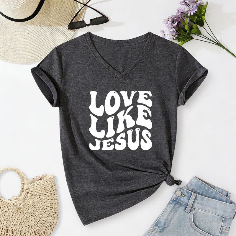 Christianartworkshop "Love Like Jesus" Retro Bubble Letter Casual V-neck T-shirt - Dark Grey - 2XL - image 10