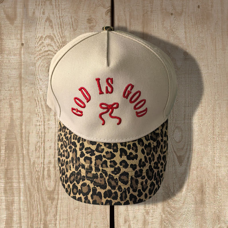 Christianartworkshop "God Is Good" Bow Embroidery Leopard Brim Adjustable Baseball Cap - Red&Leopard - image 0