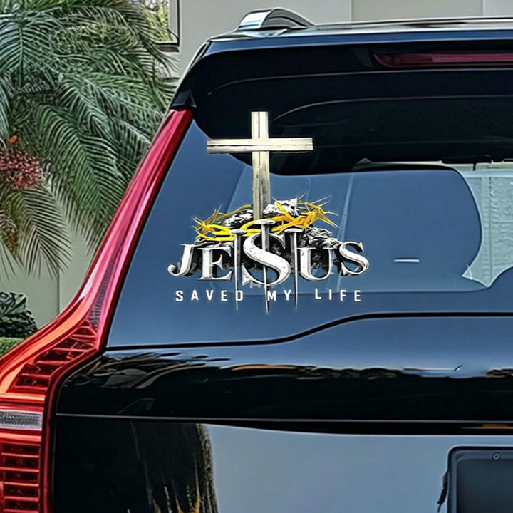 FREE Today: Cross Crown of Thorns Nails JESUS SAVED MY LIFE Waterproof Car Sticker: A Symbol of Redemptive Sacrifice - 9''*9'' - A Set of 5pcs - image 0
