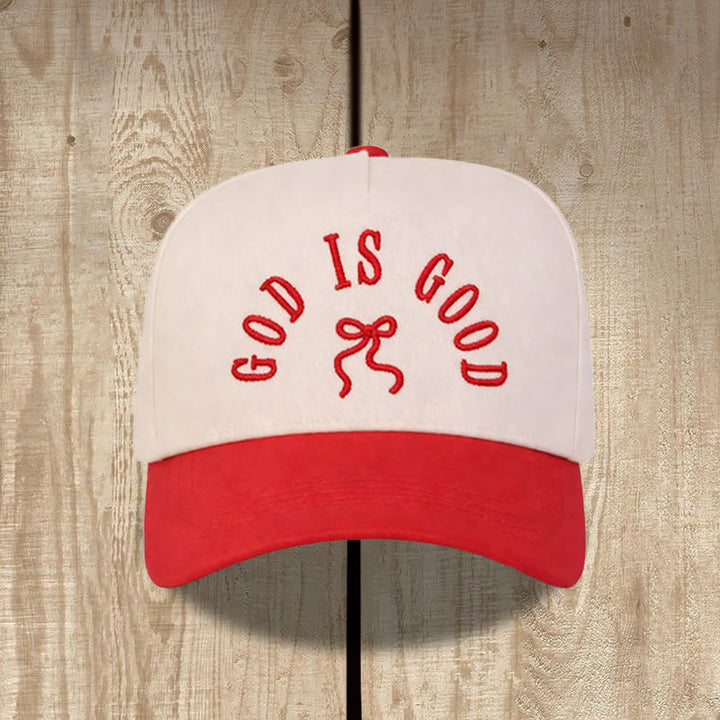Christianartworkshop Curved Brim God Is Good Letter Bow Embroidered Unisex Baseball Cap - Red - image 0