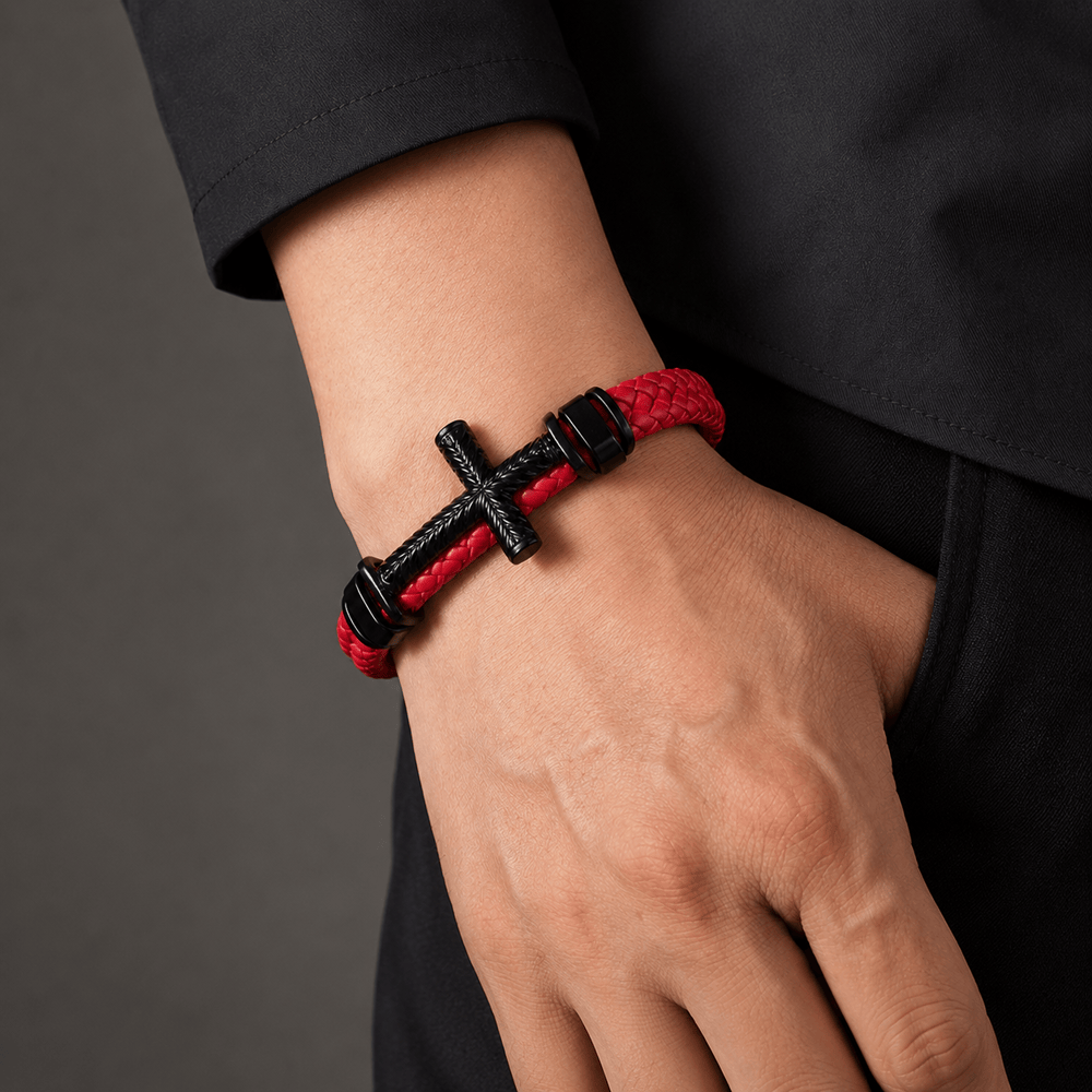 FREE Today: 4-Color Braided Leather Cross Bracelet with Embossed Details: A Symbol of Rugged Faith - image 1