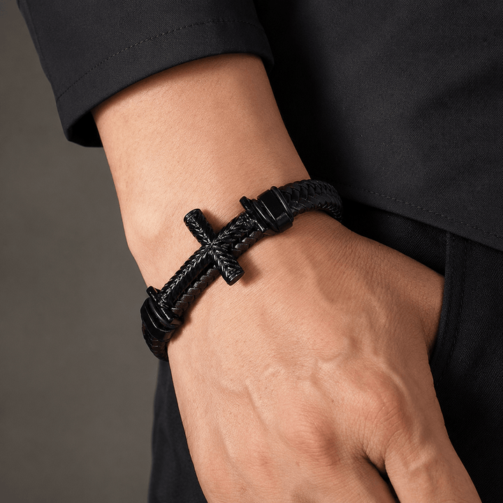 FREE Today: 4-Color Braided Leather Cross Bracelet with Embossed Details: A Symbol of Rugged Faith - image 4