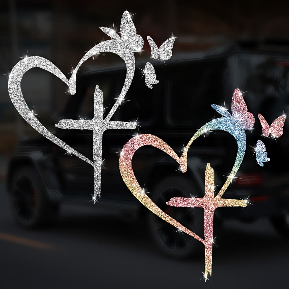 FREE Today: Glitter Heart Cross Butterfly Silhouette Waterproof Car Window Sticker: A Symbol of Sacred Love - image 1