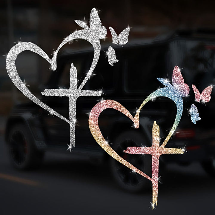 FREE Today: Glitter Heart Cross Butterfly Silhouette Waterproof Car Window Sticker: A Symbol of Sacred Love - image 1