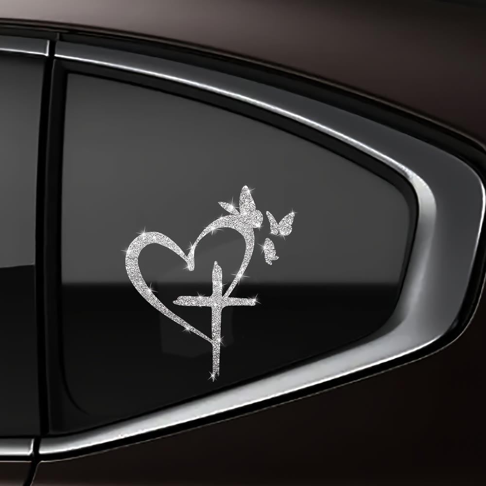 FREE Today: Glitter Heart Cross Butterfly Silhouette Waterproof Car Window Sticker: A Symbol of Sacred Love - White(A Set of 5pcs) - image 0