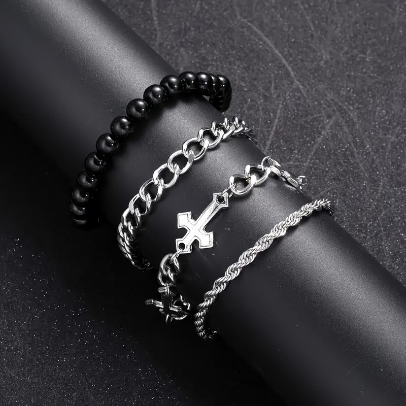 Christianartworkshop 4-Piece Layered Stackable Bracelet Set with Twisted Rope, Curb Chain & Black Round Beads Cross Charm - image 5