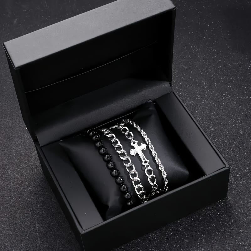 Christianartworkshop 4-Piece Layered Stackable Bracelet Set with Twisted Rope, Curb Chain & Black Round Beads Cross Charm - image 3