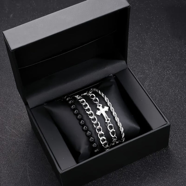 Christianartworkshop 4-Piece Layered Stackable Bracelet Set with Twisted Rope, Curb Chain & Black Round Beads Cross Charm - image 3