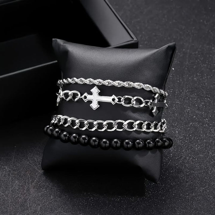 Christianartworkshop 4-Piece Layered Stackable Bracelet Set with Twisted Rope, Curb Chain & Black Round Beads Cross Charm - image 4