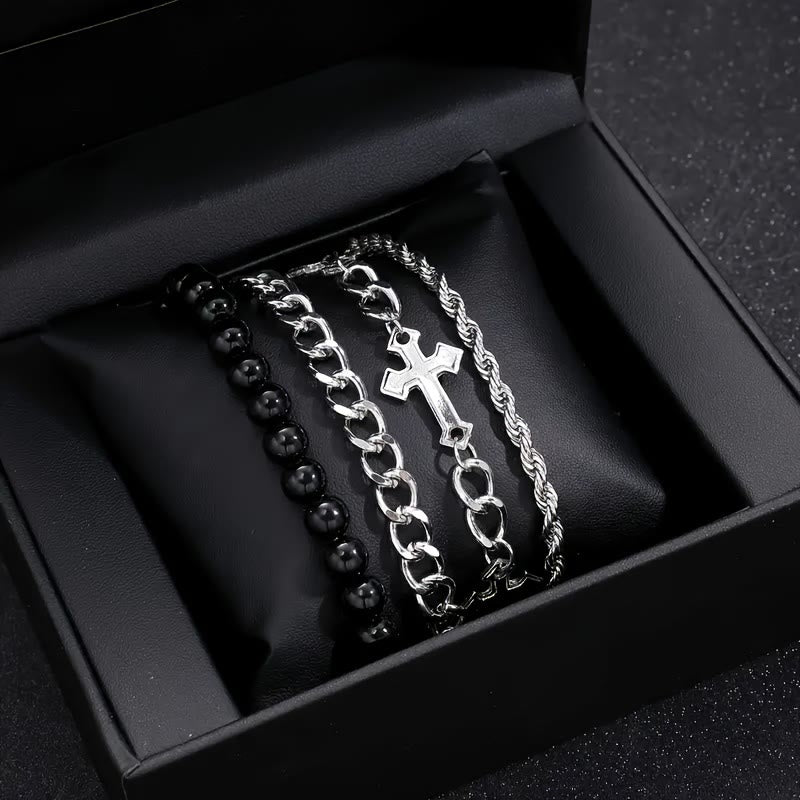 Christianartworkshop 4-Piece Layered Stackable Bracelet Set with Twisted Rope, Curb Chain & Black Round Beads Cross Charm - image 2