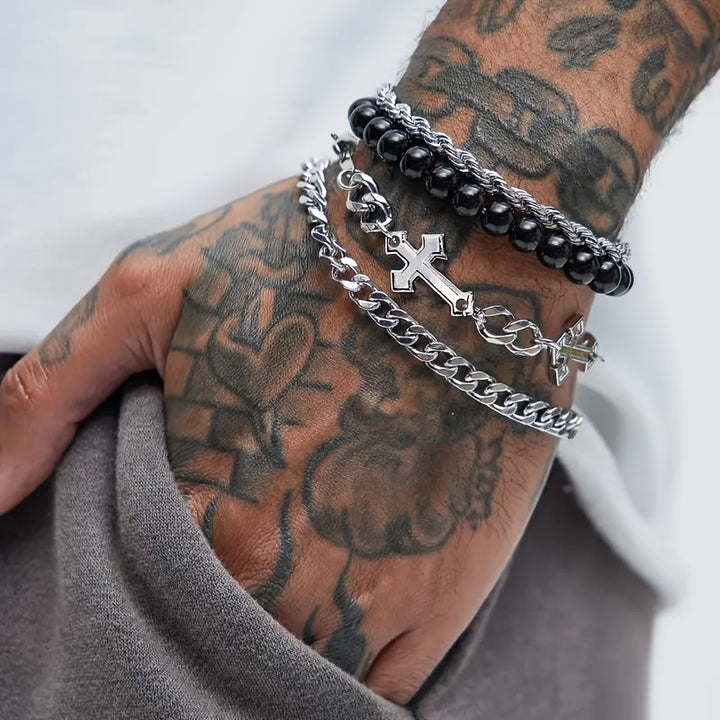 Christianartworkshop 4-Piece Layered Stackable Bracelet Set with Twisted Rope, Curb Chain & Black Round Beads Cross Charm - image 1