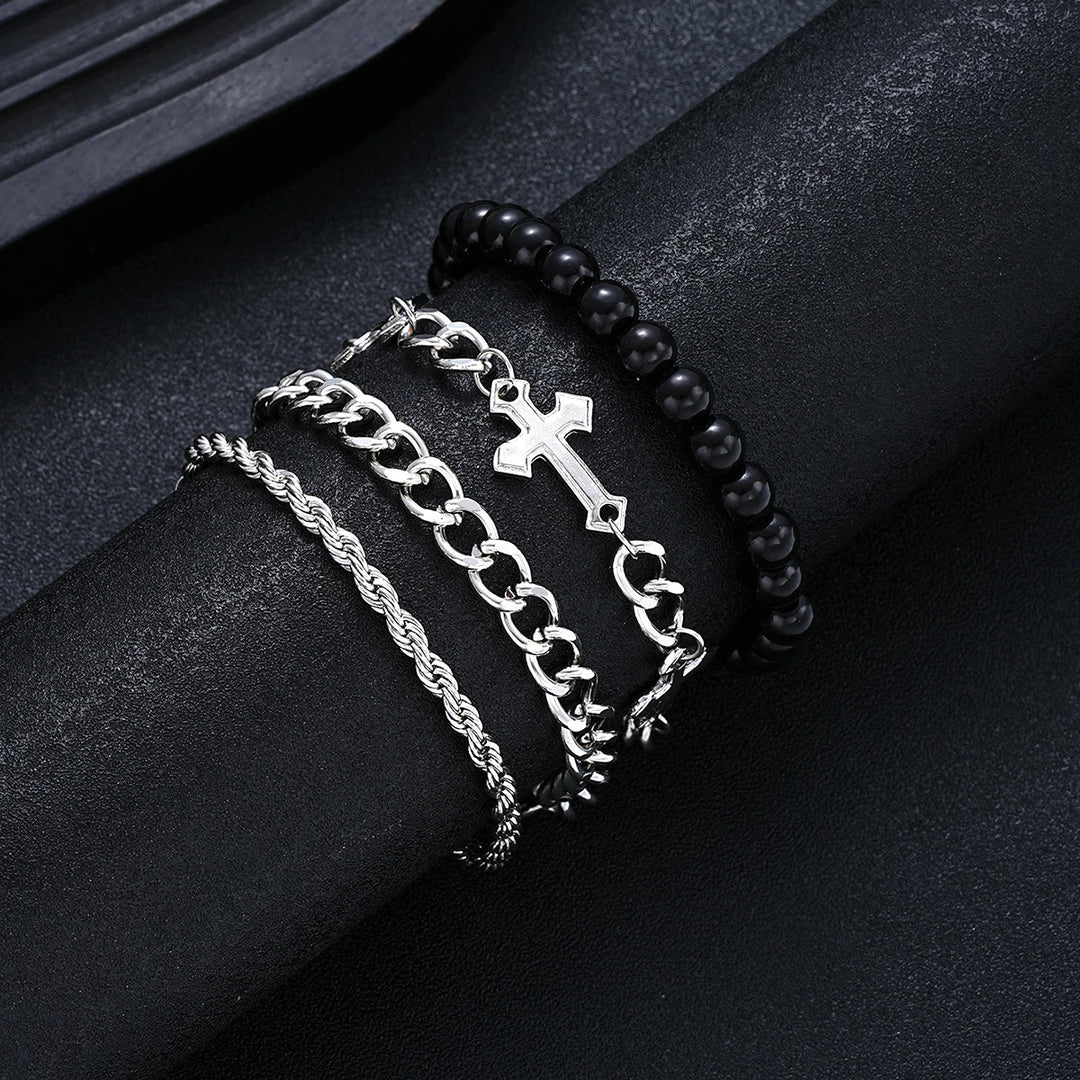 Christianartworkshop 4-Piece Layered Stackable Bracelet Set with Twisted Rope, Curb Chain & Black Round Beads Cross Charm - Silver - image 0