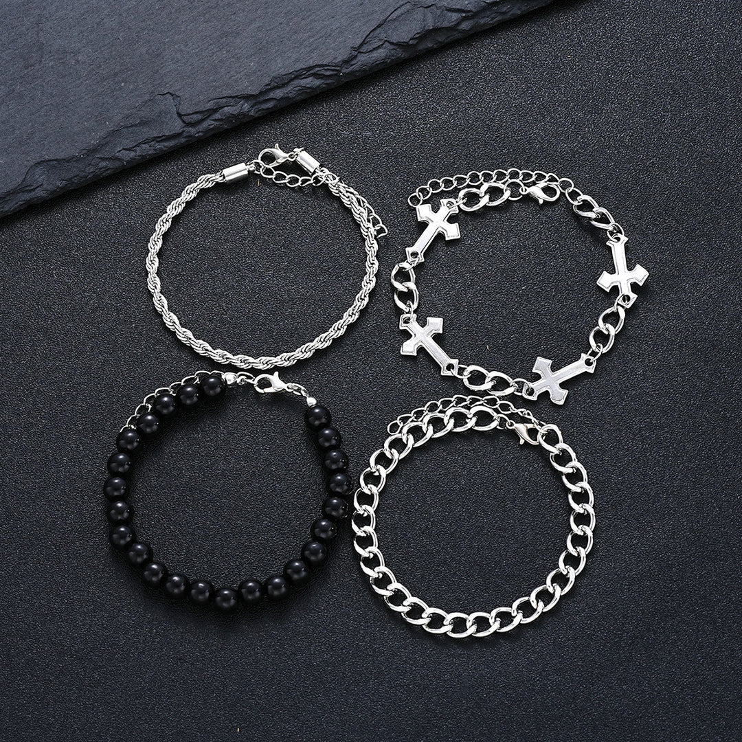 Christianartworkshop 4-Piece Layered Stackable Bracelet Set with Twisted Rope, Curb Chain & Black Round Beads Cross Charm - image 7