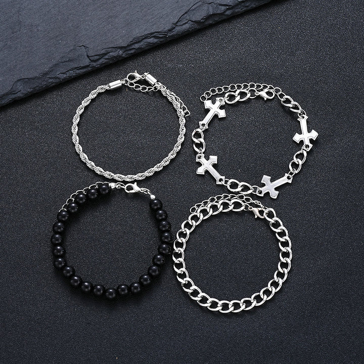 Christianartworkshop 4-Piece Layered Stackable Bracelet Set with Twisted Rope, Curb Chain & Black Round Beads Cross Charm - image 7