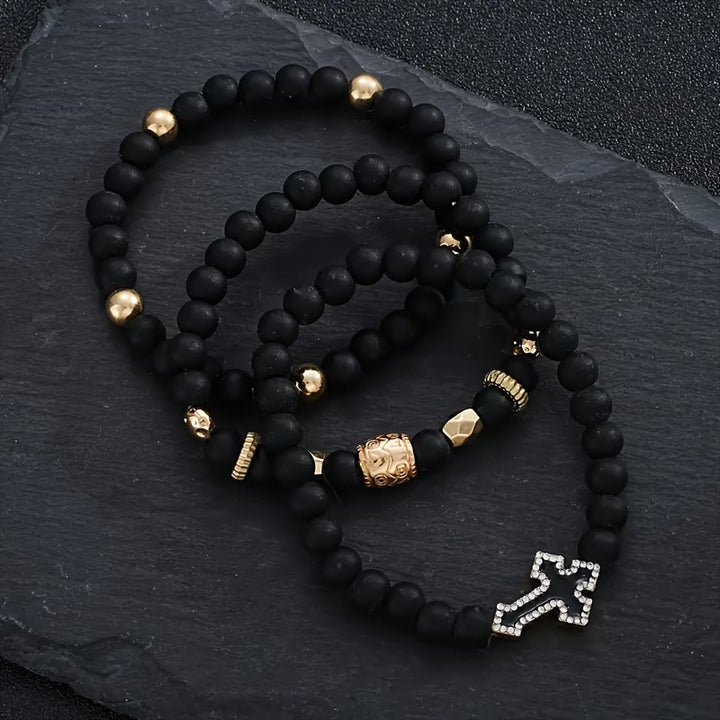 Christianartworkshop Multi-Layer Matte Black Stone Bead Stretch Bracelet with Paved Zircon Cross & Carved Gold Spacers - image 6