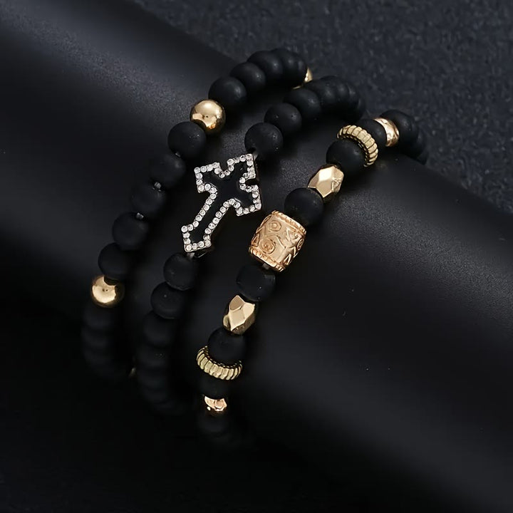Christianartworkshop Multi-Layer Matte Black Stone Bead Stretch Bracelet with Paved Zircon Cross & Carved Gold Spacers - image 3