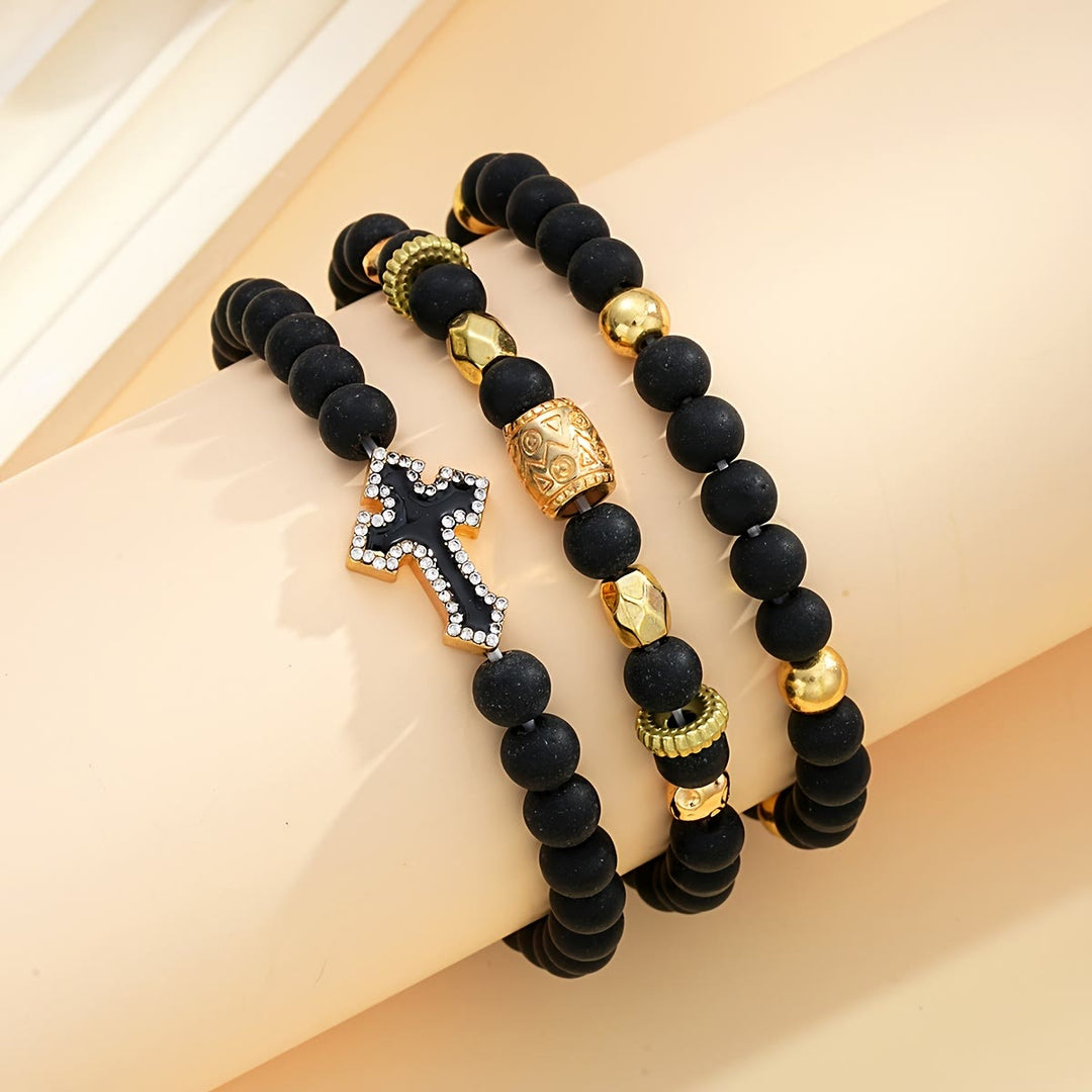Christianartworkshop Multi-Layer Matte Black Stone Bead Stretch Bracelet with Paved Zircon Cross & Carved Gold Spacers - image 2