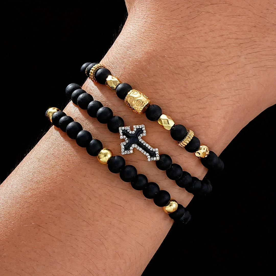 Christianartworkshop Multi-Layer Matte Black Stone Bead Stretch Bracelet with Paved Zircon Cross & Carved Gold Spacers - 3-Piece Bracelet - image 0