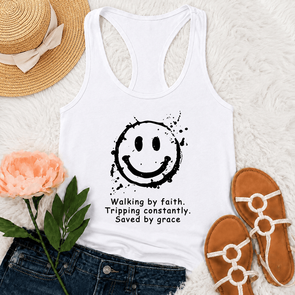 Christianartworkshop Walking By Faith Saved By Grace Racerback Tank Top - White - 2XL - image 6