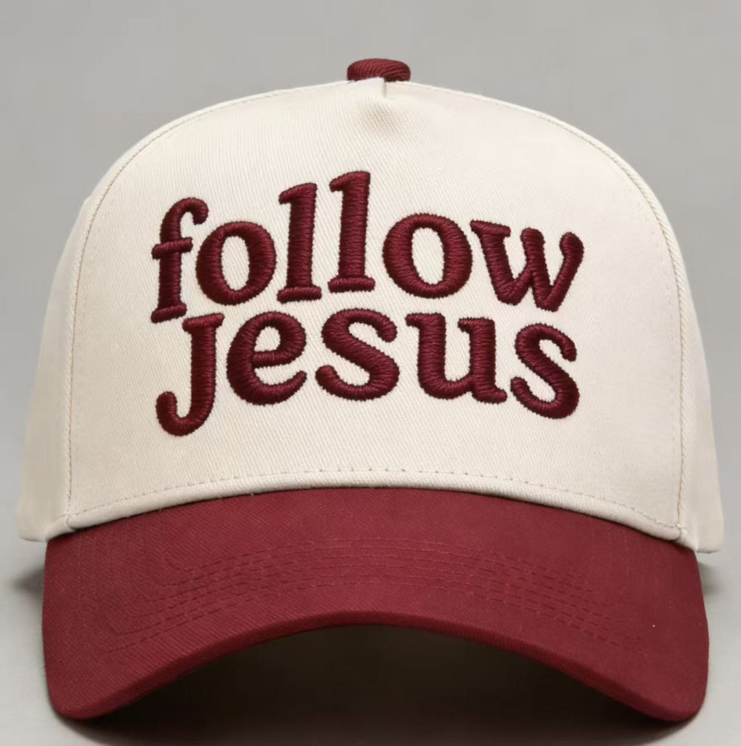 Christianartworkshop Two-tone Curved Brim Follow Jesus Faith Embroidery Unisex Baseball Cap - Burgundy - image 2