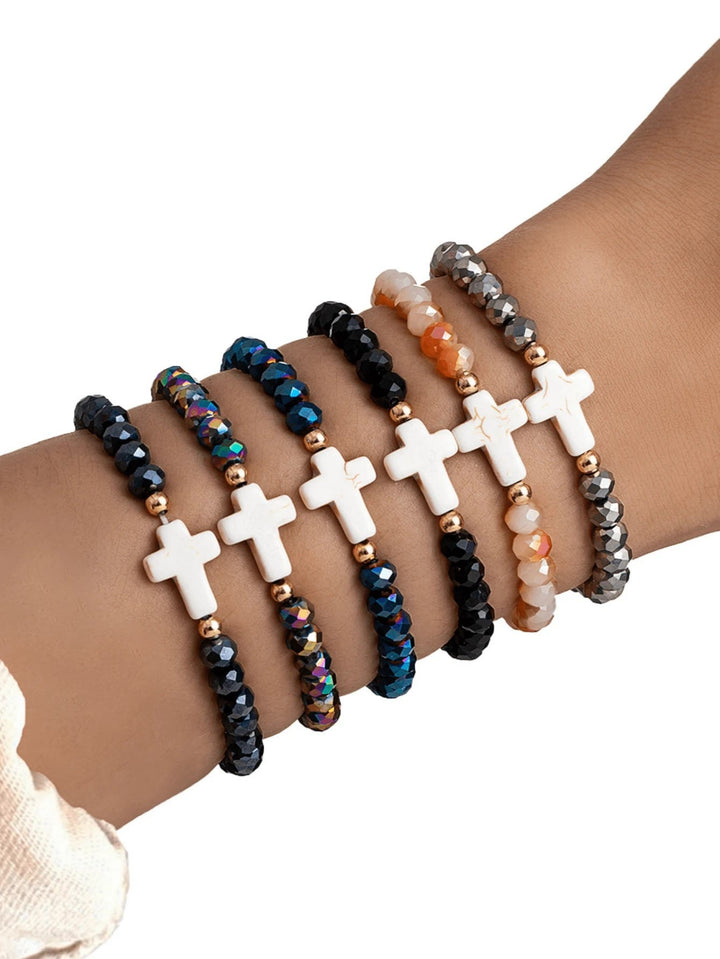 Christianartworkshop Faceted Crystal, Matte Mineral & Smooth Round Bead Multi-Layer Cross Bracelet Set - C - image 4