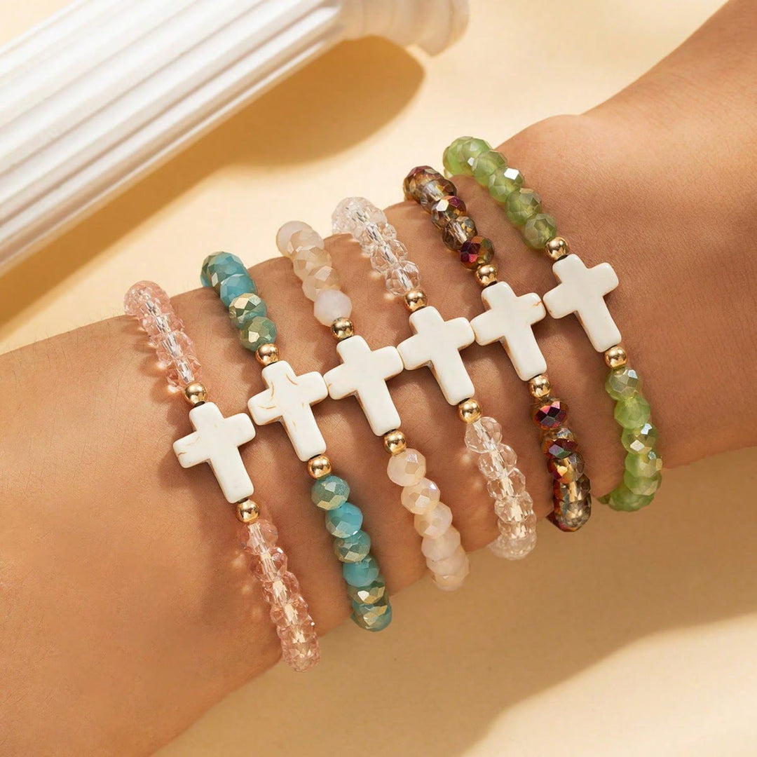Christianartworkshop Faceted Crystal, Matte Mineral & Smooth Round Bead Multi-Layer Cross Bracelet Set - B - image 3
