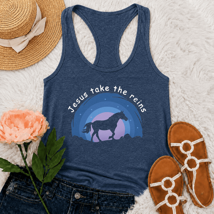 Christianartworkshop Cowgirl Wild Horse Jesus Take The Reins Racerback Tank Top - Navy Blue - 2XL - image 15