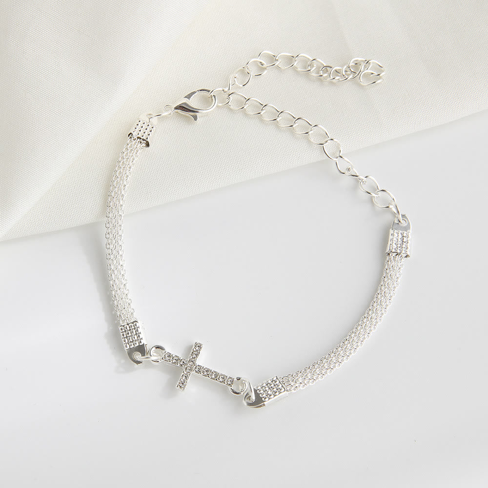 Christianartworkshop Dainty Woven Mesh Band Paved Crystal Sideways Cross Daily Bracelet: A Reminder of Divine Mercy During Quiet Meditation - image 2