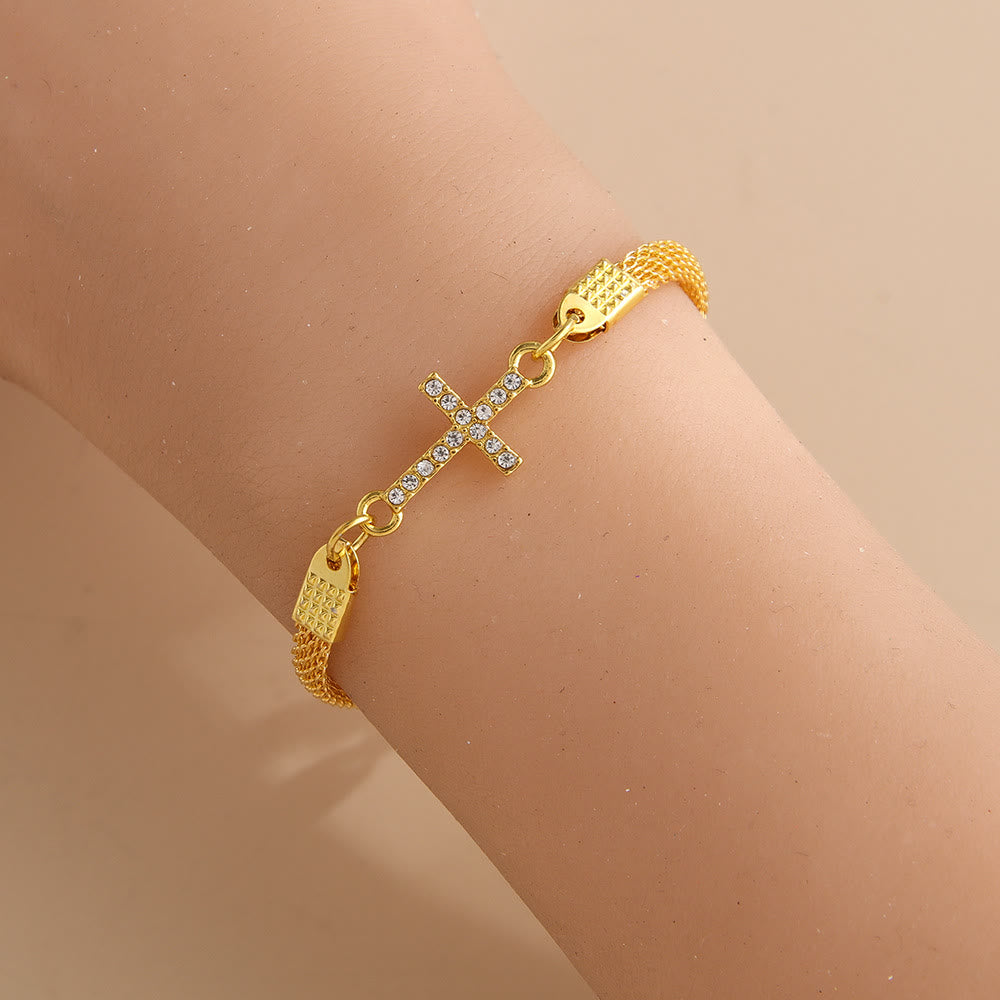 Christianartworkshop Dainty Woven Mesh Band Paved Crystal Sideways Cross Daily Bracelet: A Reminder of Divine Mercy During Quiet Meditation - Golden - image 3