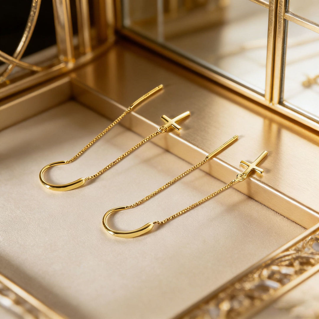 Christianartworkshop Minimal Bar Accent Long Tassel Threader Earrings with Flat Cross Charm: A Reminder of Divine Grace - image 2