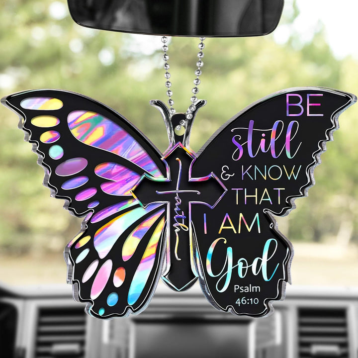 Christianartworkshop Iridescent Cutout Butterfly Cross Psalm 46:10 Acrylic Car Rearview Mirror Pendant with Bead Chain - Butterfly & Cross - image 0
