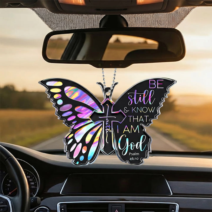Christianartworkshop Iridescent Cutout Butterfly Cross Psalm 46:10 Acrylic Car Rearview Mirror Pendant with Bead Chain - image 3