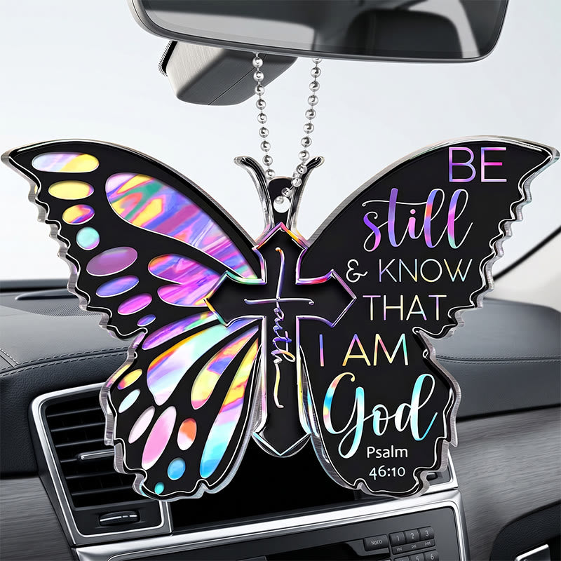 Christianartworkshop Iridescent Cutout Butterfly Cross Psalm 46:10 Acrylic Car Rearview Mirror Pendant with Bead Chain - image 4