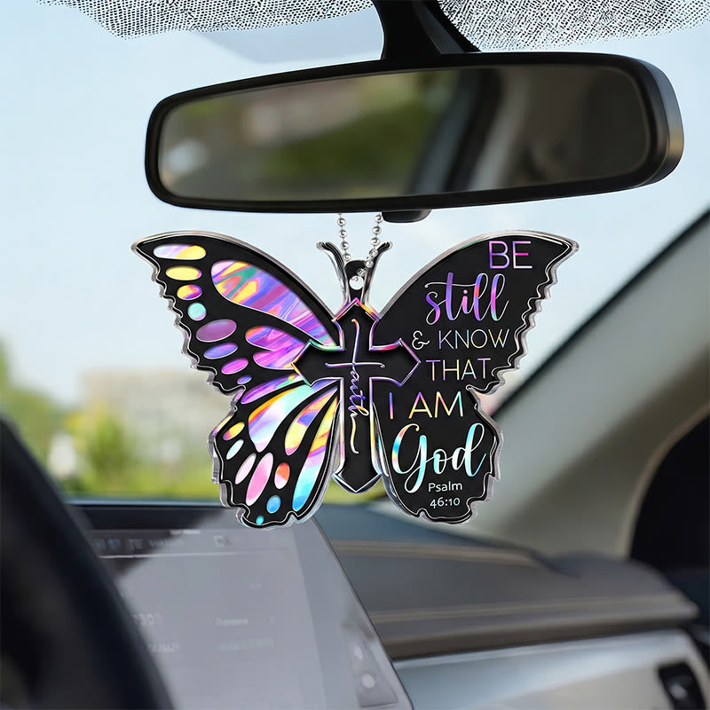Christianartworkshop Iridescent Cutout Butterfly Cross Psalm 46:10 Acrylic Car Rearview Mirror Pendant with Bead Chain - image 2