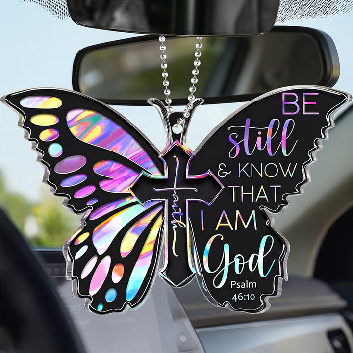 Christianartworkshop Iridescent Cutout Butterfly Cross Psalm 46:10 Acrylic Car Rearview Mirror Pendant with Bead Chain - image 1