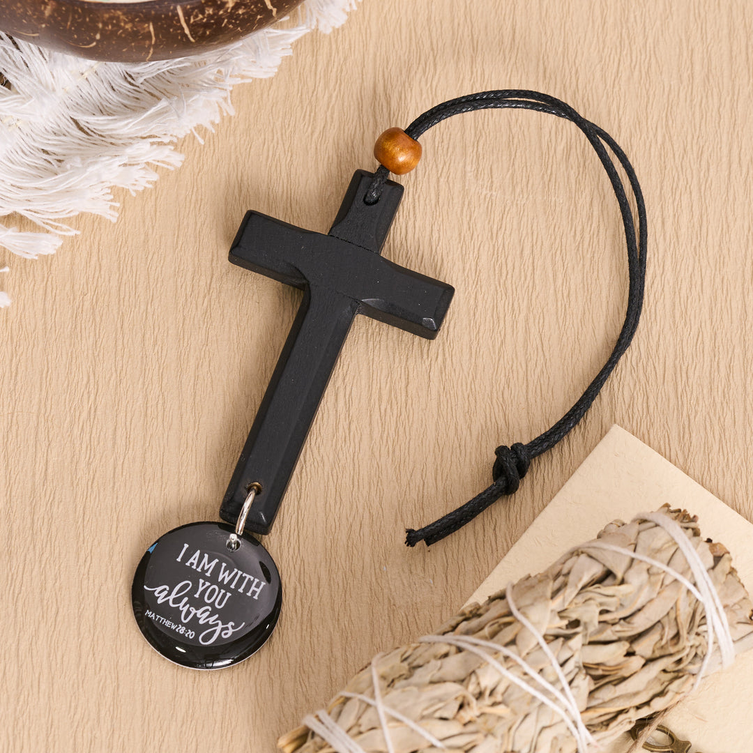 Christianartworkshop Classic Carved Solid Wood Cross NFC Matthew 28:20 Verse Smart Car Pendant - Black - image 5