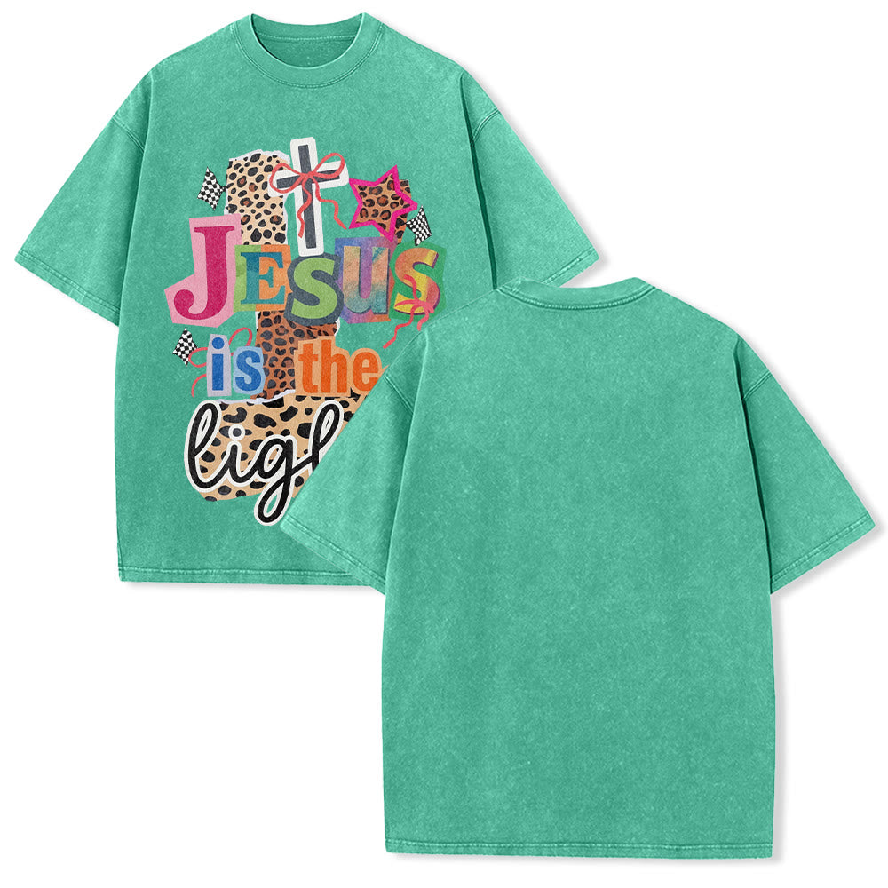 Christianartworkshop Jesus Is The Light Leopard Cross Bow Star Graphic Washed Unisex T-Shirt - Green - 5XL - image 10