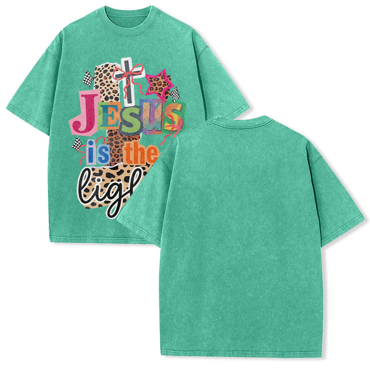 Christianartworkshop Jesus Is The Light Leopard Cross Bow Star Graphic Washed Unisex T-Shirt - Green - 5XL - image 10