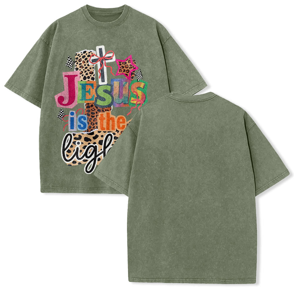 Christianartworkshop Jesus Is The Light Leopard Cross Bow Star Graphic Washed Unisex T-Shirt - Army Green - 5XL - image 7