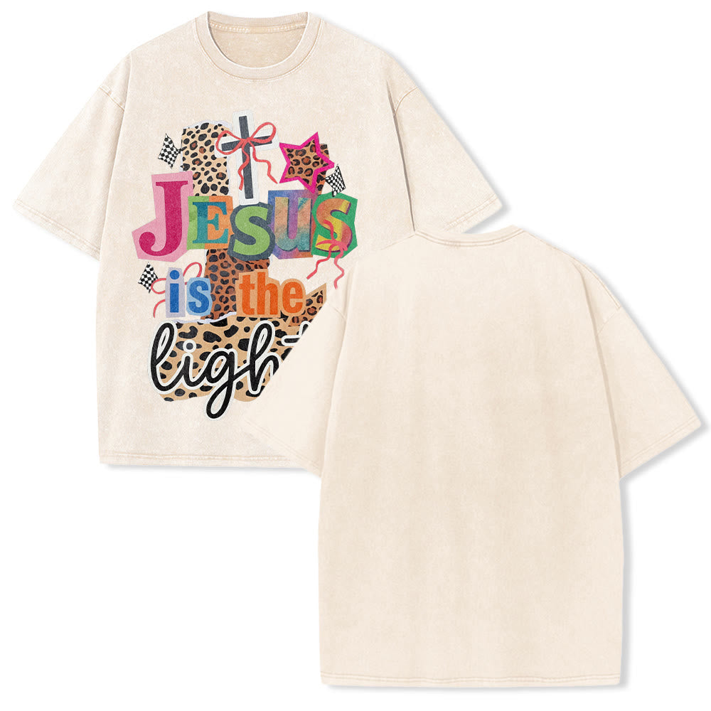 Christianartworkshop Jesus Is The Light Leopard Cross Bow Star Graphic Washed Unisex T-Shirt - Beige - 5XL - image 16