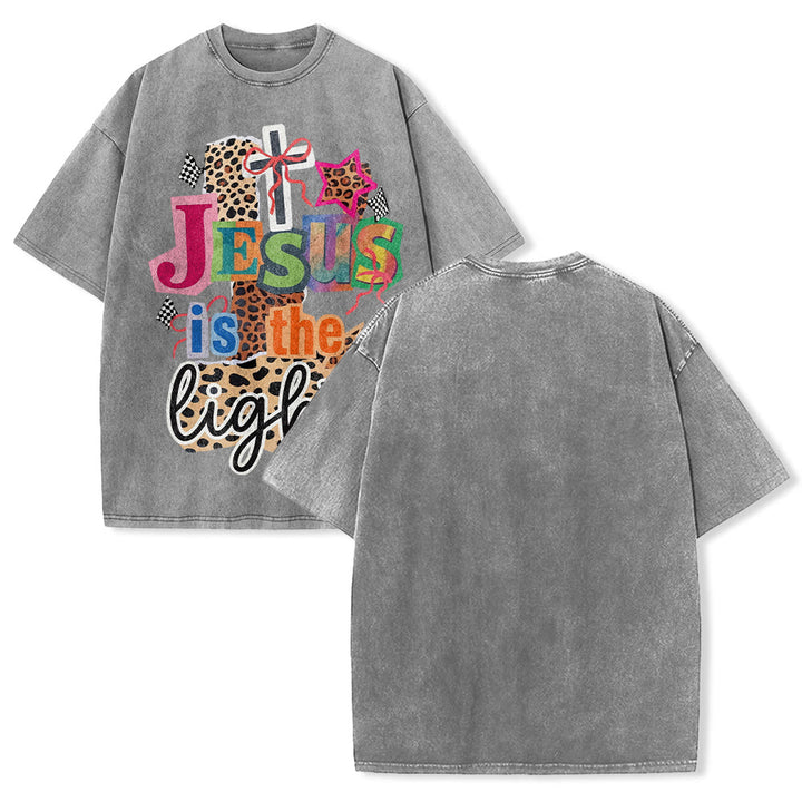 Christianartworkshop Jesus Is The Light Leopard Cross Bow Star Graphic Washed Unisex T-Shirt - Grey - 5XL - image 4