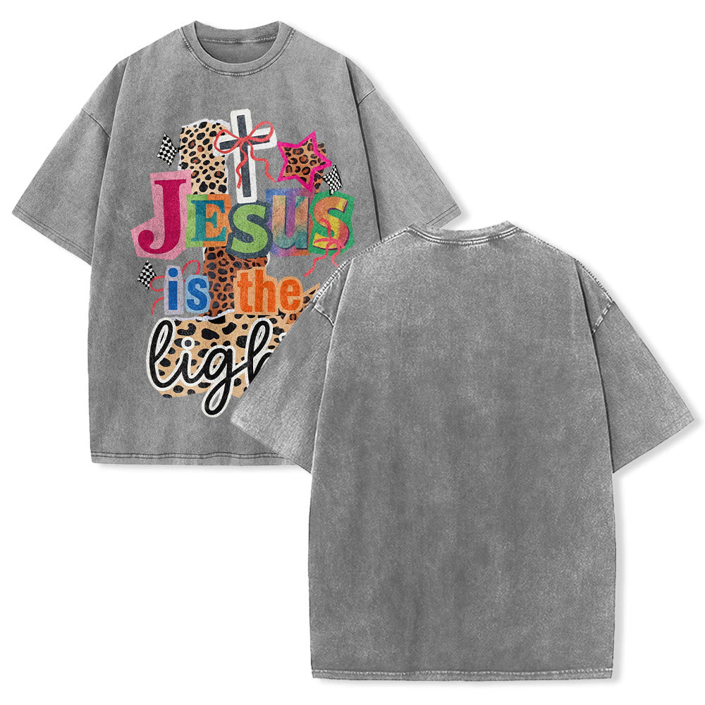 Christianartworkshop Jesus Is The Light Leopard Cross Bow Star Graphic Washed Unisex T-Shirt - Grey - 5XL - image 4