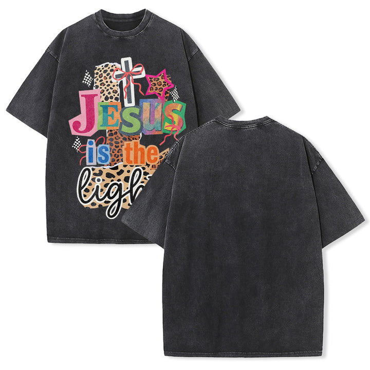Christianartworkshop Jesus Is The Light Leopard Cross Bow Star Graphic Washed Unisex T-Shirt - Black - 5XL - image 1