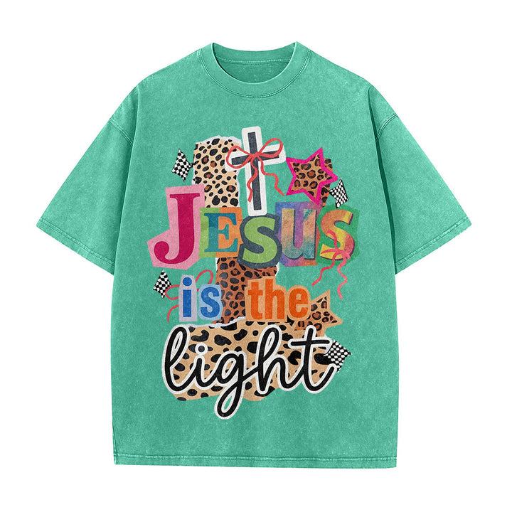 Christianartworkshop Jesus Is The Light Leopard Cross Bow Star Graphic Washed Unisex T-Shirt - image 11